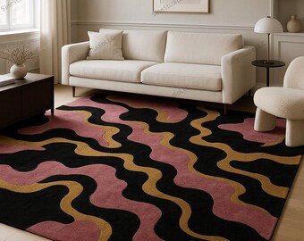 Modern Abstract Black Pink Mustard Wool Rug, Hand Tufted Living Room Carpet, Wavy Pattern Contemporary Area Rug, Designer Floor Decor.