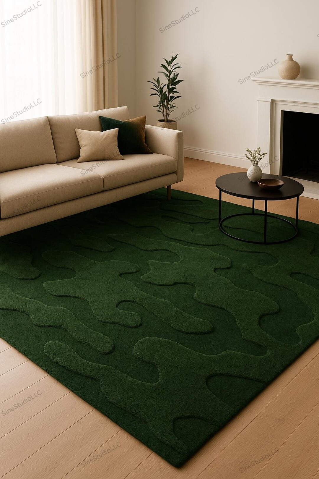 Deep Green Rug Pattern Dark Green Abstract Textured Rug – Handcrafted Wool Carpet 7X10 5X8 ...