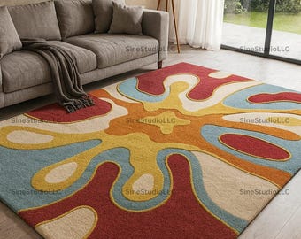 Retro Colorful Abstract Area Rug 5X7 7X10 Mid Century Modern Pop Art Carpet with Bold Red, Yellow & Blue Design for Living Room or Bedroom