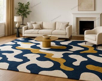Modern Abstract Area Rug for Living Room – Luxury Navy Blue, Mustard Gold & Ivory Contemporary Carpet with Wavy Organic Pattern rug.