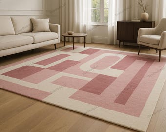Modern Pink Geometric Area Rug – Soft Minimalist Abstract Maze Design Carpet for Living Room, Bedroom & Nursery | Contemporary Pastel Decor