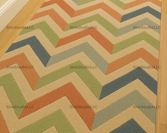 Modern Rectangular Rug with Vibrant Chevron Zigzag Pattern in Orange, Green, Beige, Blue, and Gray - Colorful Contemporary Area Carpet