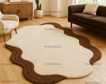 Modern Organic Shape Rug in Cream and Brown 5X7 7X10 8X10 Wavy Edge Contemporary Area Carpet for Living Room, Bedroom, Minimalist Home Décor