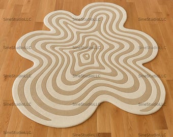 Beige Ripple Abstract Rug 5X7 7X10 Cream Freeform Carpet with Wavy Topographic Lines, Modern Organic Shape for Minimalist Scandinavian Decor