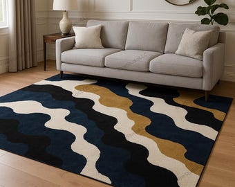 Modern Wave Pattern Rug – Navy Blue, Black, White & Mustard Abstract Area Carpet – Contemporary Living Room Soft Designer Rug