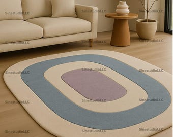 Retro Modern Concentric Oval Area Rug 5X7 5X8 7X10 8X10 Soft Lavender & Blue Minimalist Carpet for Living Room and Bedroom Decor.