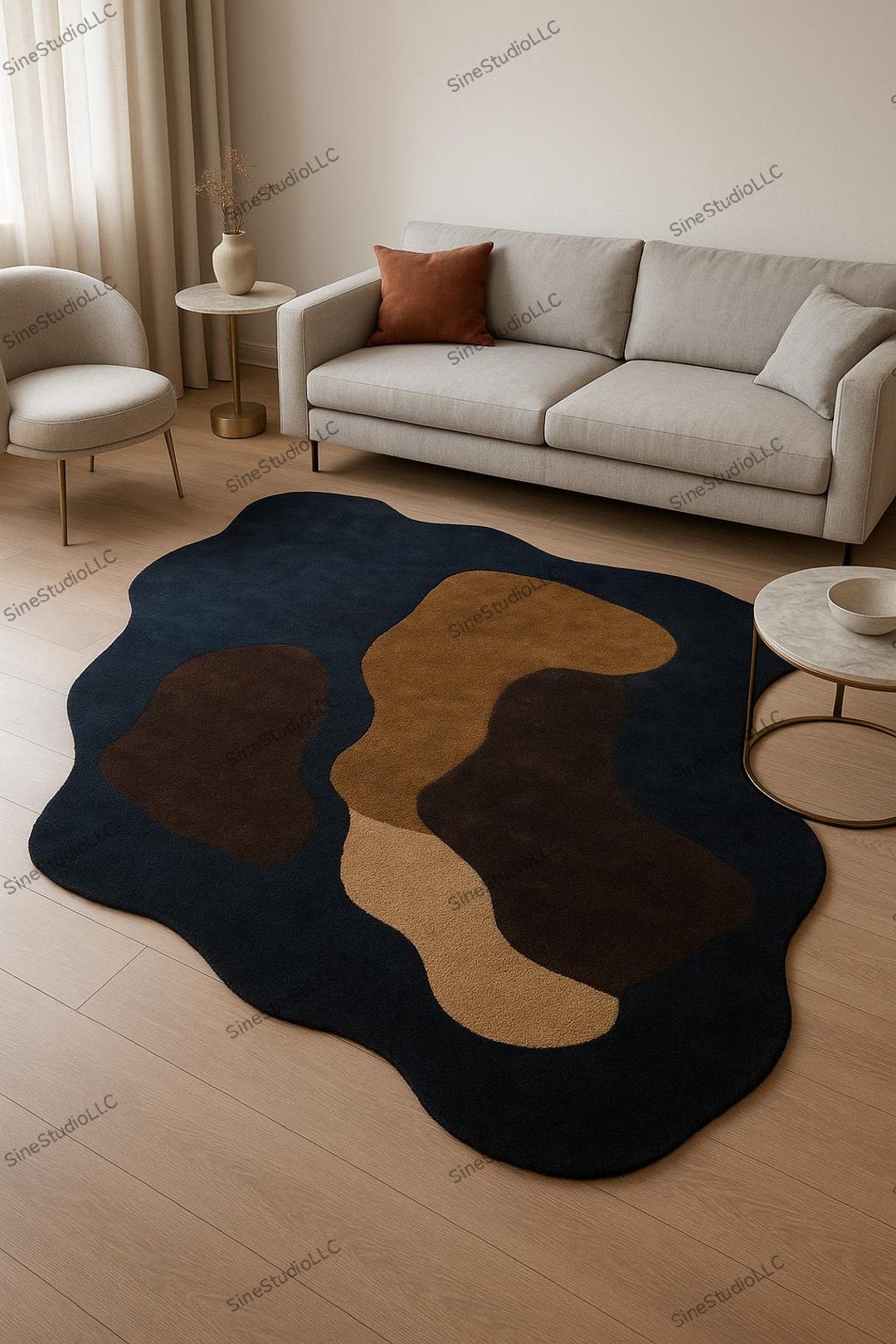 Irregular Abstract Area Rug Modern Abstract Irregular Rug – Black, Brown & Mustard Organic Shape ...