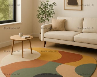 Modern Abstract Round Rug – Mustard, Terracotta, Green, Beige & Black – Contemporary Scandinavian Irregular Carpet with Organic Wavy Design