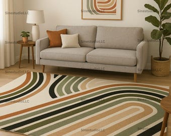 Retro Mid-Century Modern Rectangular Rug with Curved Stripe Pattern in Terracotta, Olive Green, Beige, and Black – Vintage Style Carpet