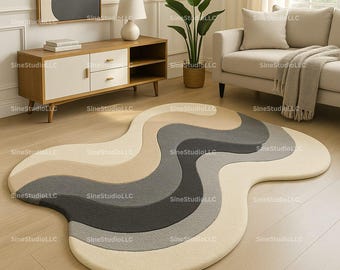 Neutral Tones Abstract Wavy Rug – Modern Irregular Shaped Area Carpet with Contour Design for Living Room or Bedroom Decor