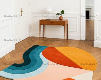 Irregular Shaped Teal Waves & Bold Color Blocks, Abstract Rug Modern Freeform Carpet in Orange Mustard Peach for Contemporary Living Room