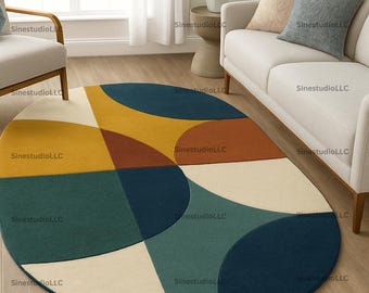 Modern Oval Area Rug with Bold Geometric Color Block Design – Multicolor Mid-Century Style Carpet for Living Room & Home Décor