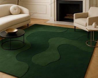 Deep Green Abstract Wave Rug – Modern Hand-Tufted Wool Carpet 5X8 9X12 7x10 for Living Room, Bedroom & Minimalist Home Décor.
