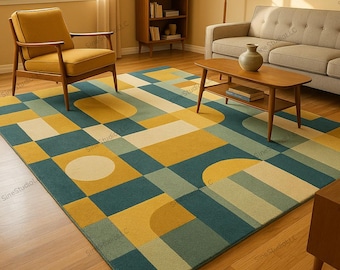 Mid Century Modern Geometric Rug – Teal Blue, Mustard Yellow & Cream Retro Color Block Carpet – Abstract Shapes Living Room Area Rug