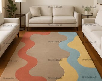 Modern Wave Pattern Area Rug – Beige Base with Rust, Mustard & Sky Blue Abstract Curves – Soft Contemporary Living Room Rug.