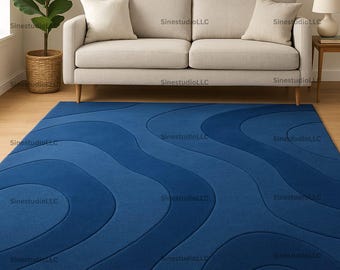 Modern Blue Abstract Rug, Contemporary Rectangular Area Carpet with Wavy Curved Patterns in Navy & Royal Blue for Living Room or Bedroom