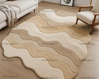 Modern Beige Wavy Rug 5X7 7X10 9X12 Abstract Tufted Carpet, Irregular Shape Neutral Area Rug for Living Room, Bedroom, Aesthetic Home Decor
