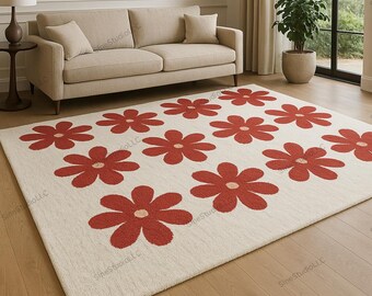 Modern Floral Daisy Rug – Red & Cream Handmade Tufted Carpet | Retro Flower Pattern Area Rug for Living Room, Bedroom and Home Decor