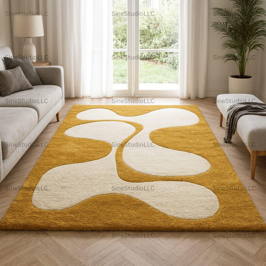 Mustard Yellow & Ivory Abstract Area Rug 5X7 7X10 Retro Mid-century ...