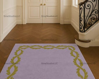 Light Purple Rug with Olive Leaf Border, Elegant Rectangular Carpet, Minimalist Wreath Design for Entryway, Living Room & Classic Décor