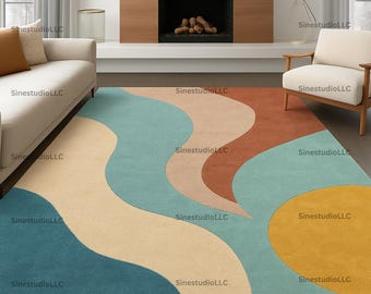 Modern Abstract Wave Pattern Area Rug – Teal, Rust, Beige & Mustard Design for Contemporary Living Room Decor – Soft and Stylish Comfort.