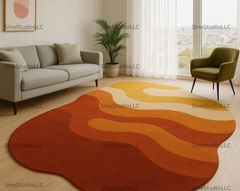 Irregular Shape Modern Carpet 5X7 7X10 9X12 Wave Rug in Burnt Orange & Mustard | Mid Century Retro Style Boho Area Rug for Living Room