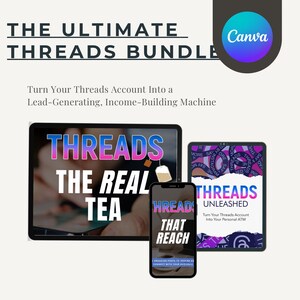 May include: An advertisement for a Threads bundle, featuring a tablet and smartphone displaying the words "THREADS THE REAL TEA" and "THREADS THAT REACH". The image also includes the text "THREADS UNLEASHED" and "Turn Your Threads Account Into Your Personal ATM". A Canva logo is in the upper right.
