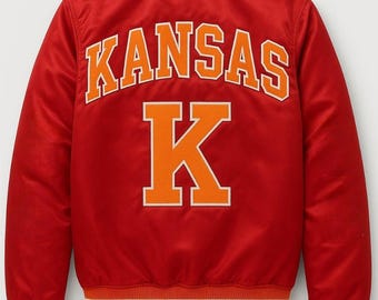 Unisex Kansas satin Varsity Style Jacket | Red and Orange Retro Bomber Coat