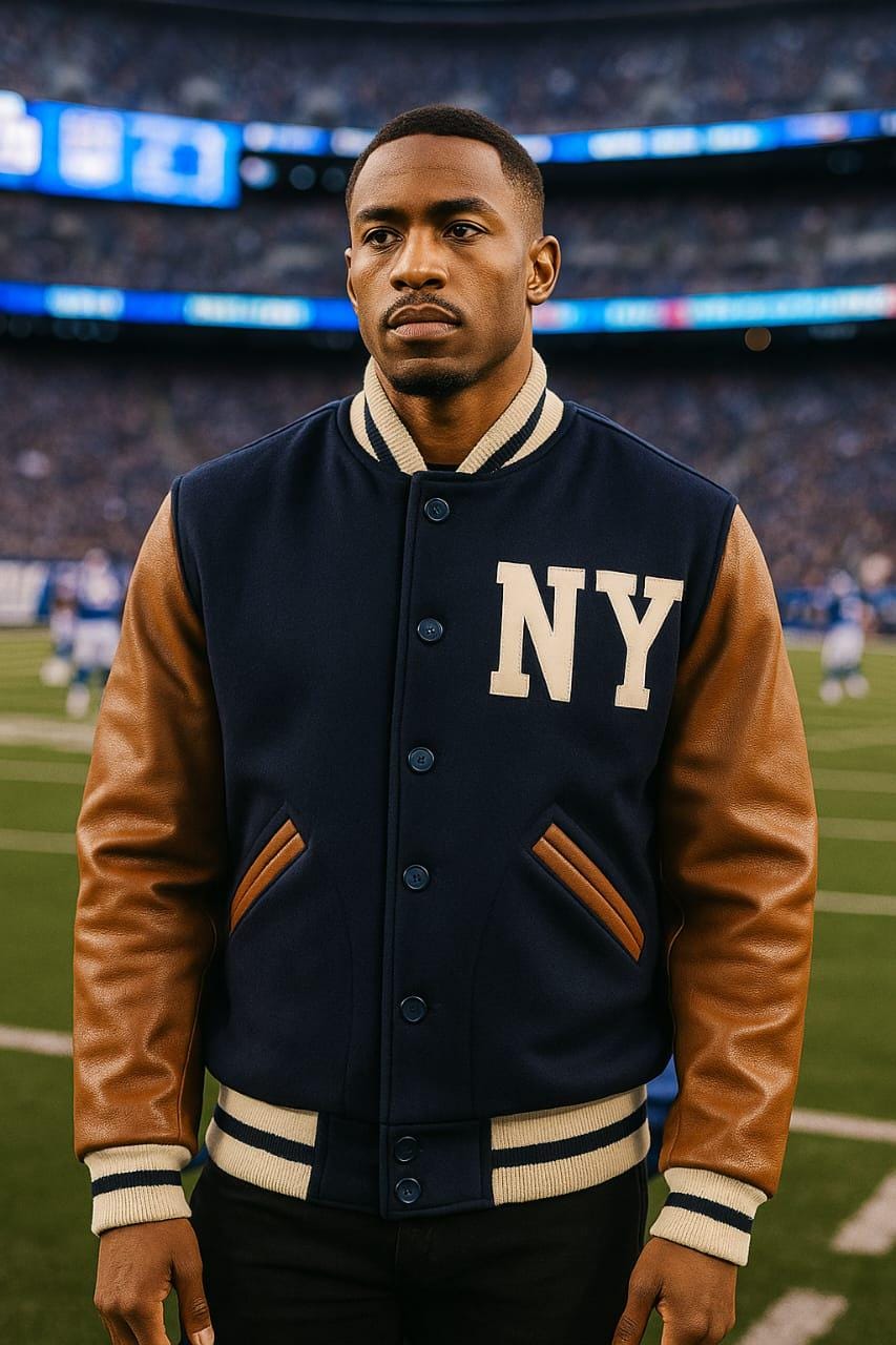New York Yankees スタジャン LL ネイビー/ブラウン NY Yankees Unisex Navy and Brown Varsity Jacket – Brown Leather