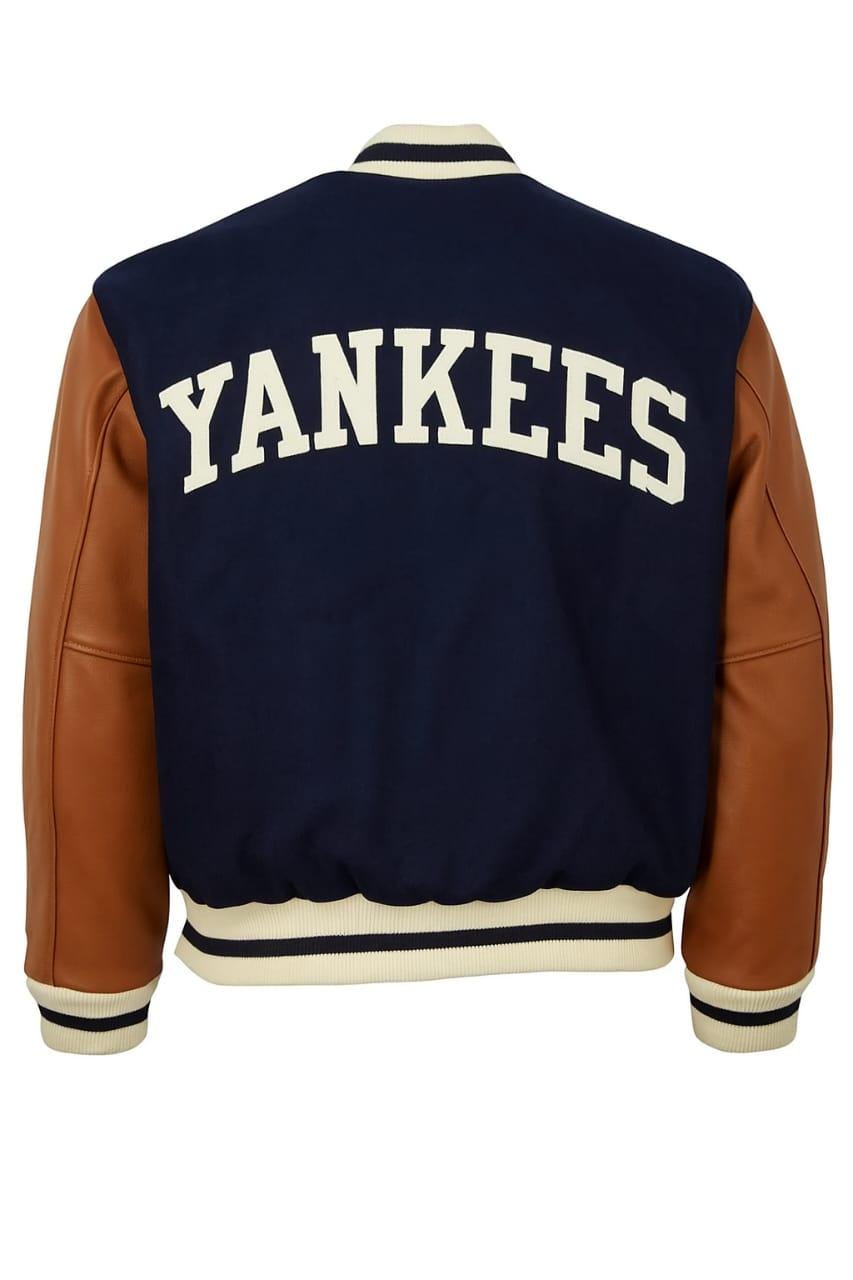 New York Yankees スタジャン LL ネイビー/ブラウン NY Yankees Unisex Navy and Brown Varsity Jacket – Brown Leather