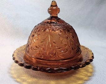 Indiana Glass Amber Butter Dish - Tiara Exclusives - Domed Lid