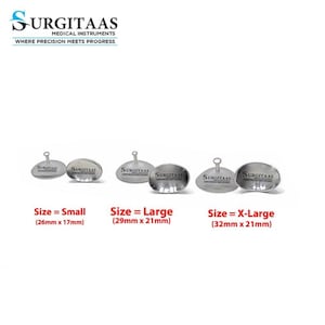 Puede incluir: Instrumentos médicos de acero inoxidable en tres tamaños: Pequeño (26mm x 17mm), Grande (29mm x 21mm) y X-Grande (32mm x 21mm). Cada instrumento tiene un asa de bucle y el logotipo "SURGITAAS".