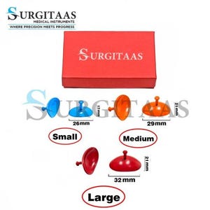 Könnte beinhalten: Medizinische Instrumente in Blau, Orange und Rot, mit einer roten Box. Die Instrumente sind mit "Small" (26mm), "Medium" (29mm) und "Large" (32mm) beschriftet. Der Text "SURGITAAS" ist sichtbar.