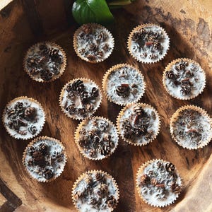 Könnte beinhalten: Eine Holzschale enthält zwölf kleine, runde Leckereien mit weißen Oberflächen, die jeweils mit winzigen Tannenzapfen gefüllt sind. Die Leckereien befinden sich in braunen Papierförmchen mit gewelltem Rand. Ein grünes Blatt und eine Ranke befinden sich in der oberen rechten Ecke.