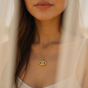 Gold Evil Eye Pendant Necklace: Turquoise Stone, Stainless Steel Boho Amulet