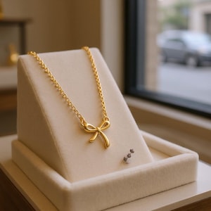 Gold Bow Pendant Necklace: Dainty Ribbon Charm, Minimalist Jewelry