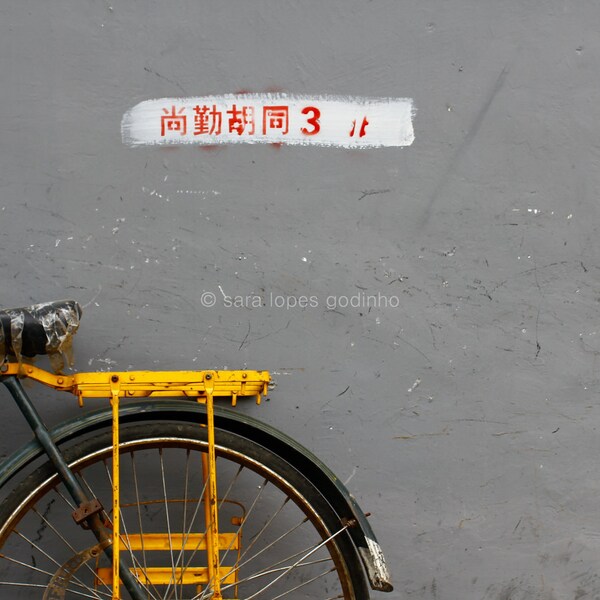 a yellow bicycle and grey wall in beijing // original travel photography //5x7 home wall decoration