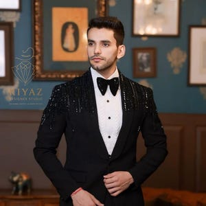 Pailletten-Schulter-Schwarz-Anzug: Luxus-Bräutigam 3-Teilig