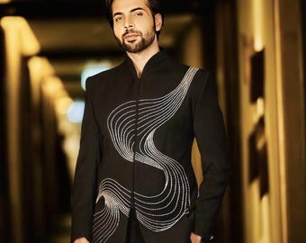 Schwarzer Indo-Western Anzug, Bestickter Bandhgala Blazer, Moderne Bräutigam Kleidung