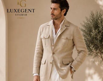Beige linnesafarijacka för män, lyxig linnekavaj, sommarbröllopskavaj, casual brudgumsoutfit, resortkläder för män, skräddarsydd linnekappa