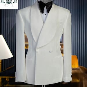 Luxury White Tuxedo Coat with Black Pants | Double Breasted Shawl Lapel Suit for Men | Groom Wedding & Party Wear Formal Outfit