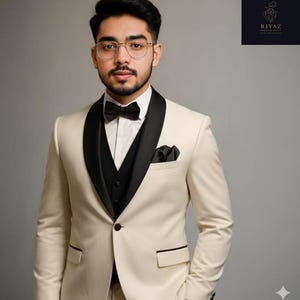 Ivoor smokingpak heren | Zwart satijnen sjaalrevers, 3-delig