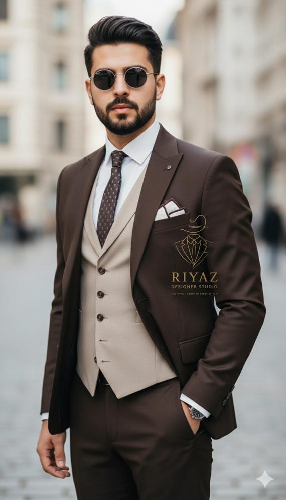 Chocolate Brown Three-piece Suit With Beige Waistcoat – Elegant