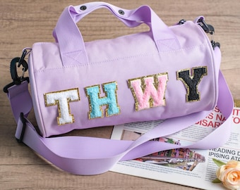 Bolsa de lona personalizada para niños, con nombre y letras de chenilla, bolsa de gimnasio para niños pequeños
