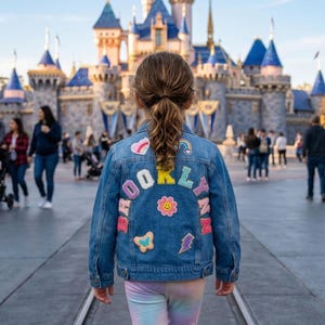 May include: A child's denim jacket with the name "BROOKLYN" in colourful patches, with a castle in the background. The jacket features embroidered patches of a rainbow, a flower, and a lightning bolt. Other people are visible in the background under a sunny sky.