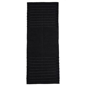 May include: A rectangular black fabric with horizontal white dotted lines. The fabric has a textured appearance and is likely a piece of textile material. The edges are frayed, suggesting it may be a cut piece or a sample.