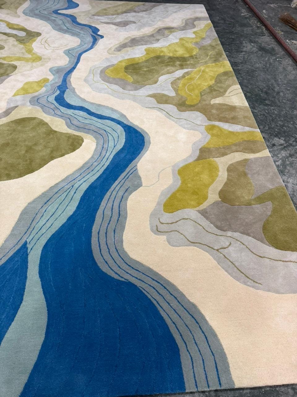 Hand Tufted River Landscape Area Rug, Nature Inspired Green Blue Carpet ...