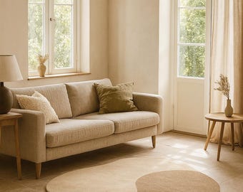 May include: A living room scene featuring a beige sofa with pillows, a round wooden side table, and a unique rug. The rug has a free-form shape with sections of tan, brown, and green. Large windows and neutral tones create a bright, airy space.