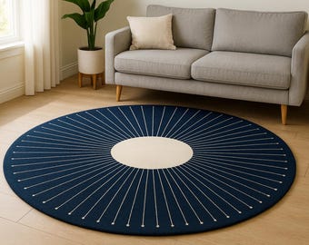 Navy Blue Wool Round Rug: Sunburst Tufted Carpet, Minimalist Decor