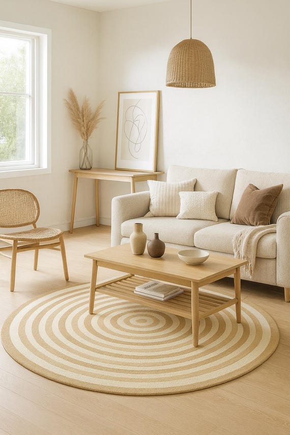 Minimalistischer Teppich mit konzentrischem Kreis: Handgetufteter runder Teppich in Beige und Creme für ruhige, moderne Innenräume